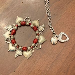 Set Stretch Heart Charm Bracelet and Long Heart Charm Necklace Adjustable 38”